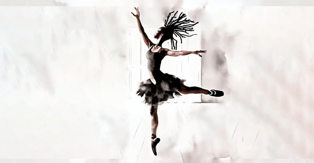 Illustration of black female ballet dancer with dreadlocks.